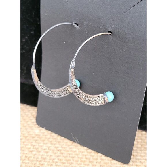 1-1/4" Silver Alloy Etched Semi-circle Faux Turquoise Fashion Jewelry Earrings - Picture 1 of 5